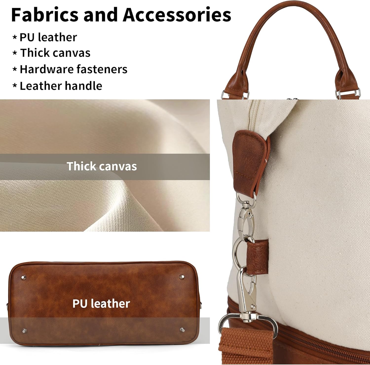 Nylon weekender duffel bag in neutral color with shoe compartment, front view — side