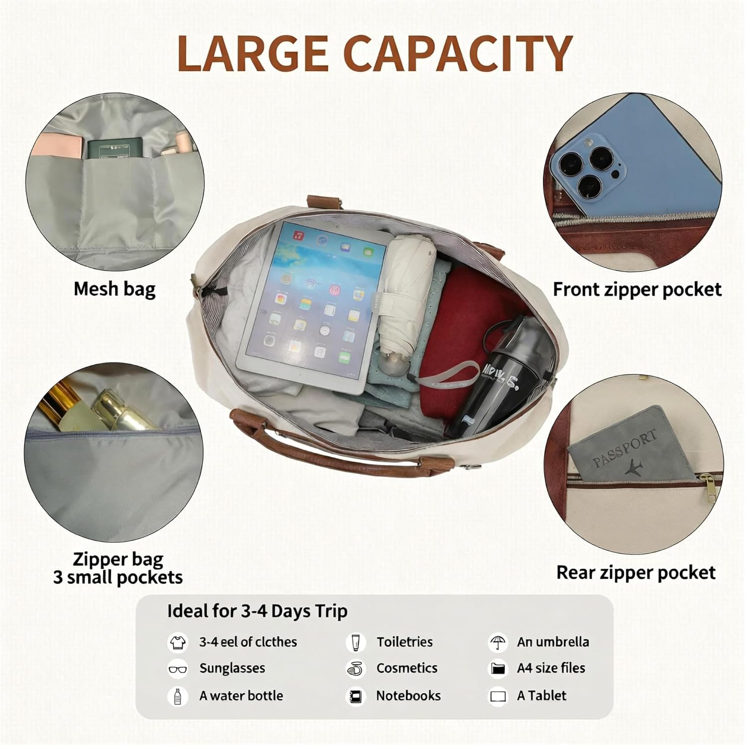 Nylon weekender duffel bag in neutral color with shoe compartment, front view — back