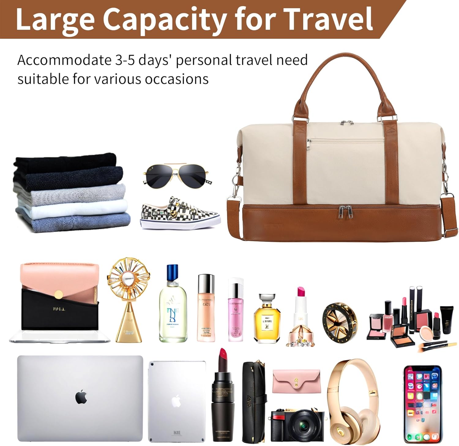 Nylon weekender duffel bag in neutral color with shoe compartment, front view — detail