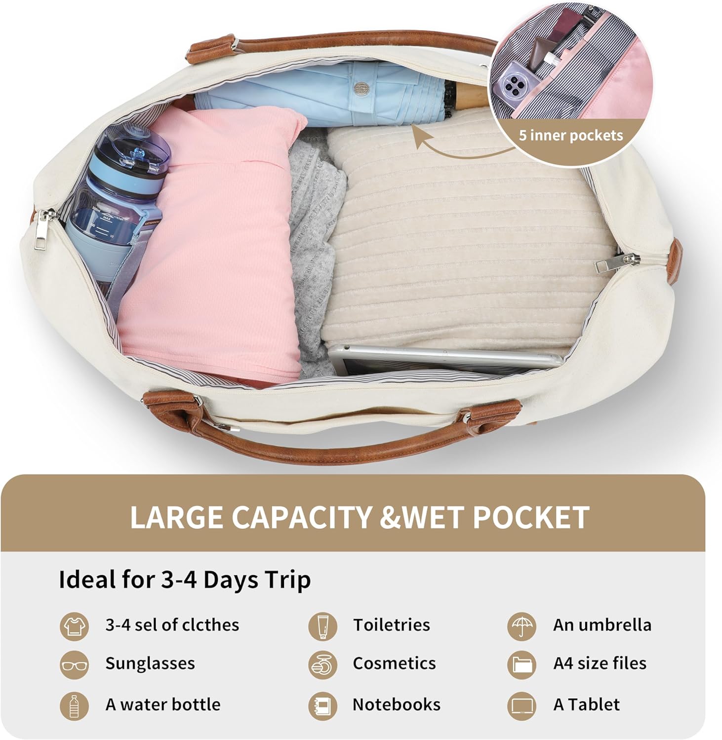 Nylon weekender duffel bag in neutral color with shoe compartment, front view — view 5a