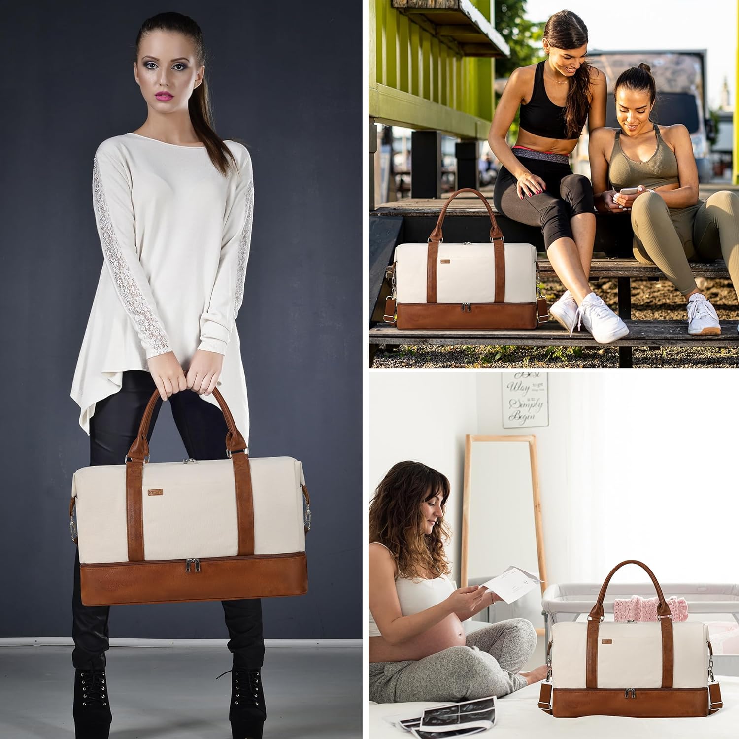Nylon weekender duffel bag in neutral color with shoe compartment, front view — view 4