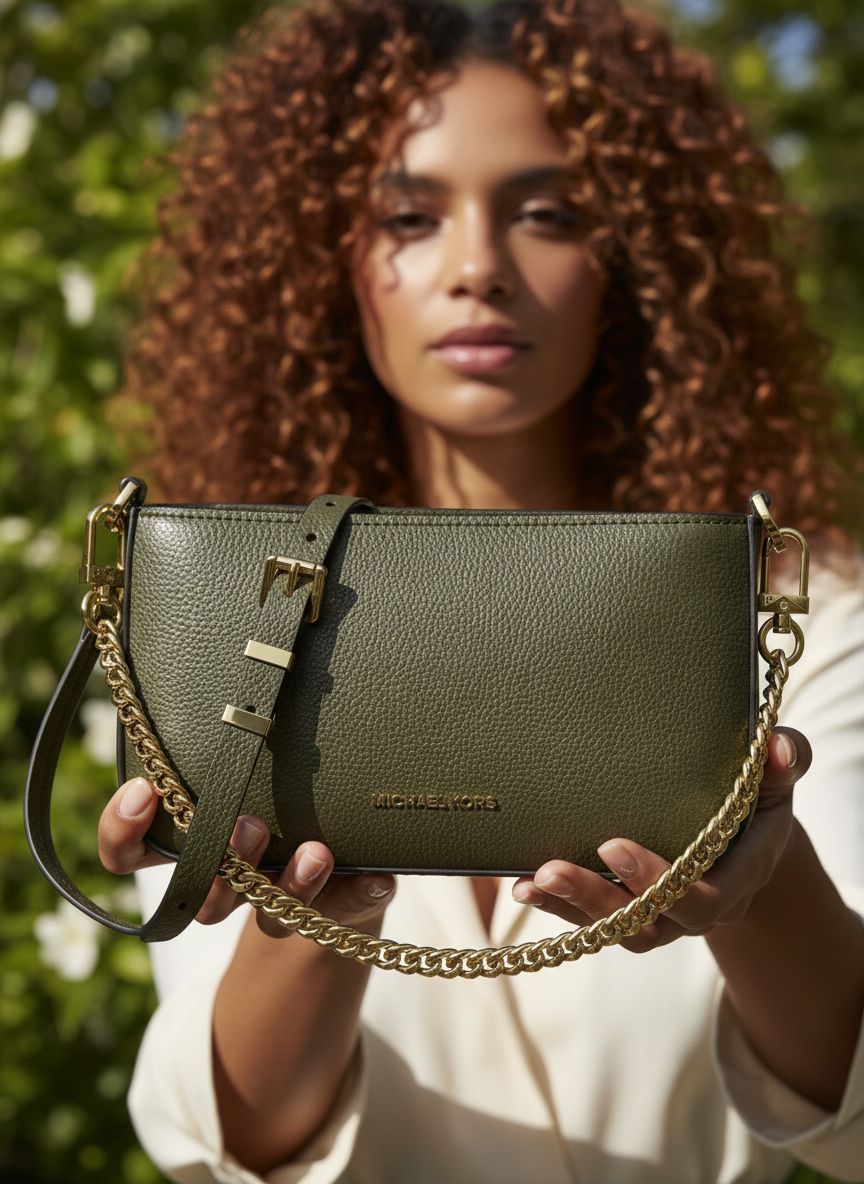 Leather convertible crossbody bag in neutral color, front view with chain strap — view 3b