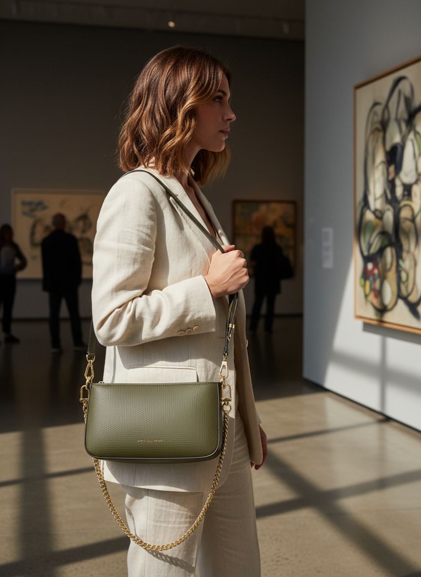 Leather convertible crossbody bag in neutral color, front view with chain strap — view 4