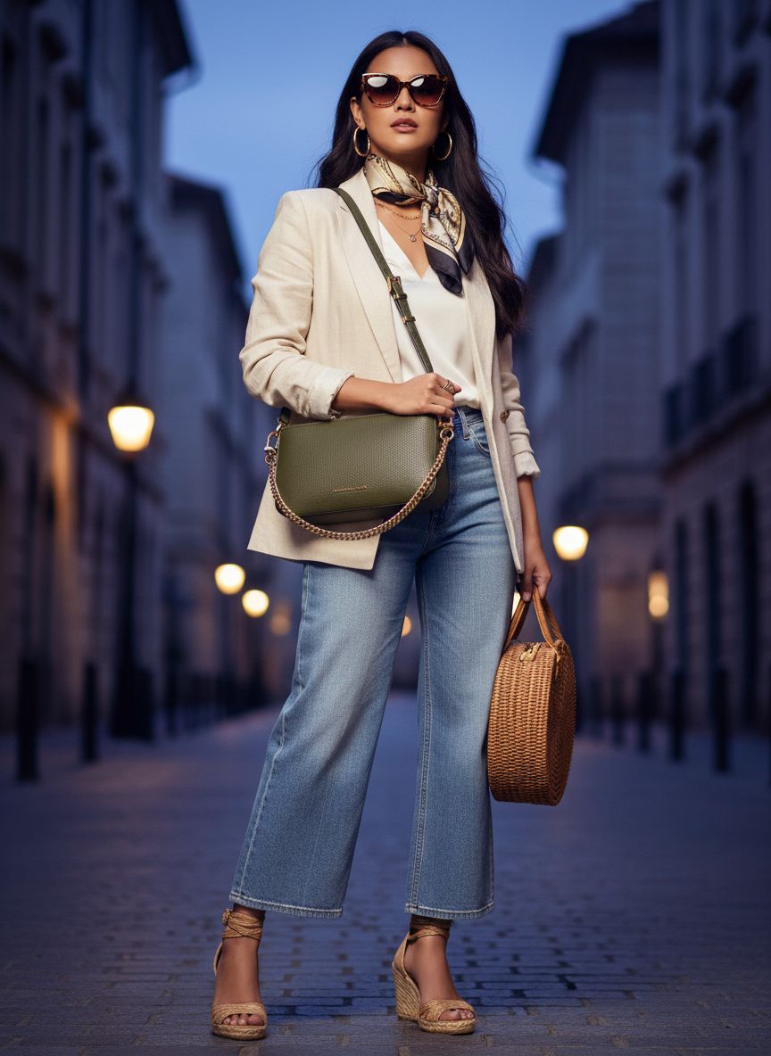 Leather convertible crossbody bag in neutral color, front view with chain strap — view 6