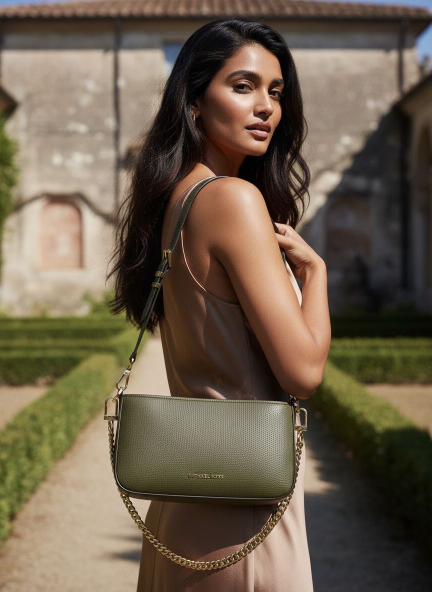 Leather convertible crossbody bag in neutral color, front view with chain strap — view 7a