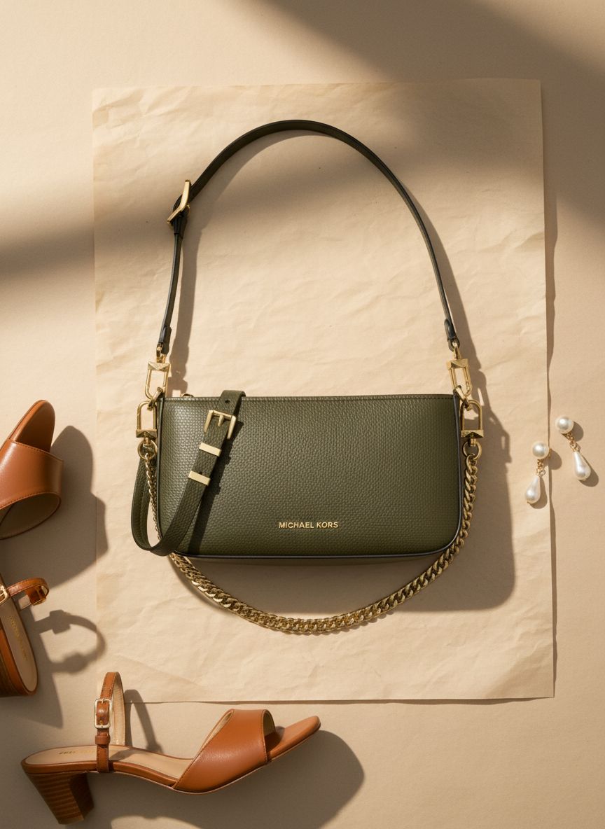 Leather convertible crossbody bag in neutral color, front view with chain strap — view 7b