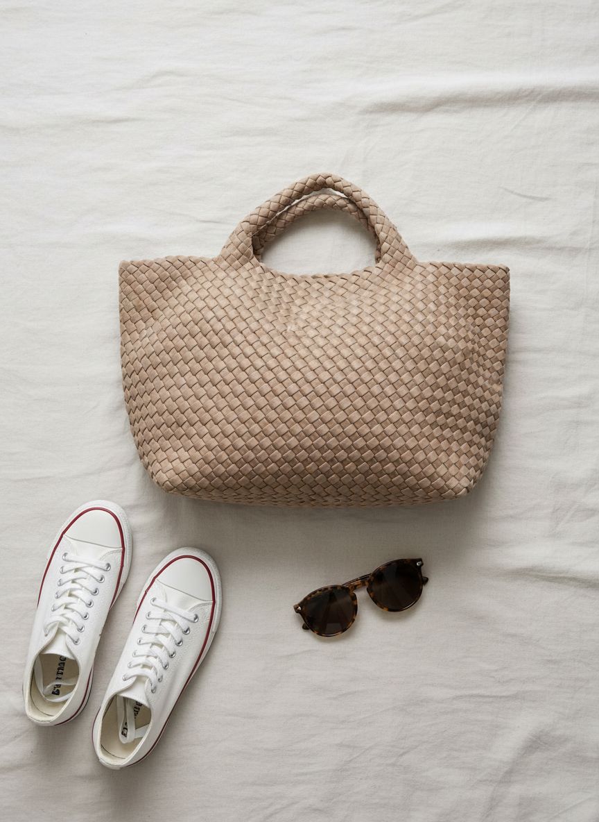 Neutral straw tote bag with boho design, ideal for beach and travel use — view 7b