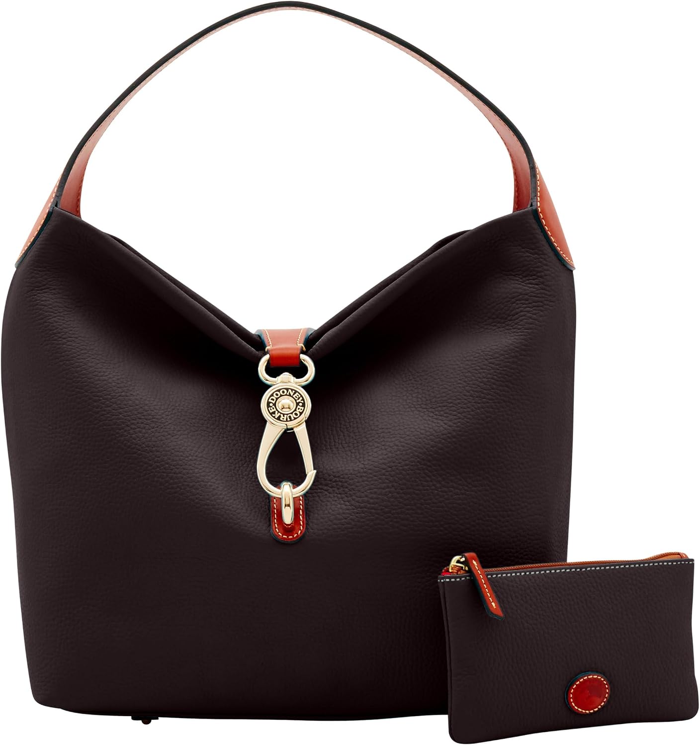 Dooney & Bourke pebble grain leather shoulder bag with logo lock in neutral color, shown with matching coin purse — front