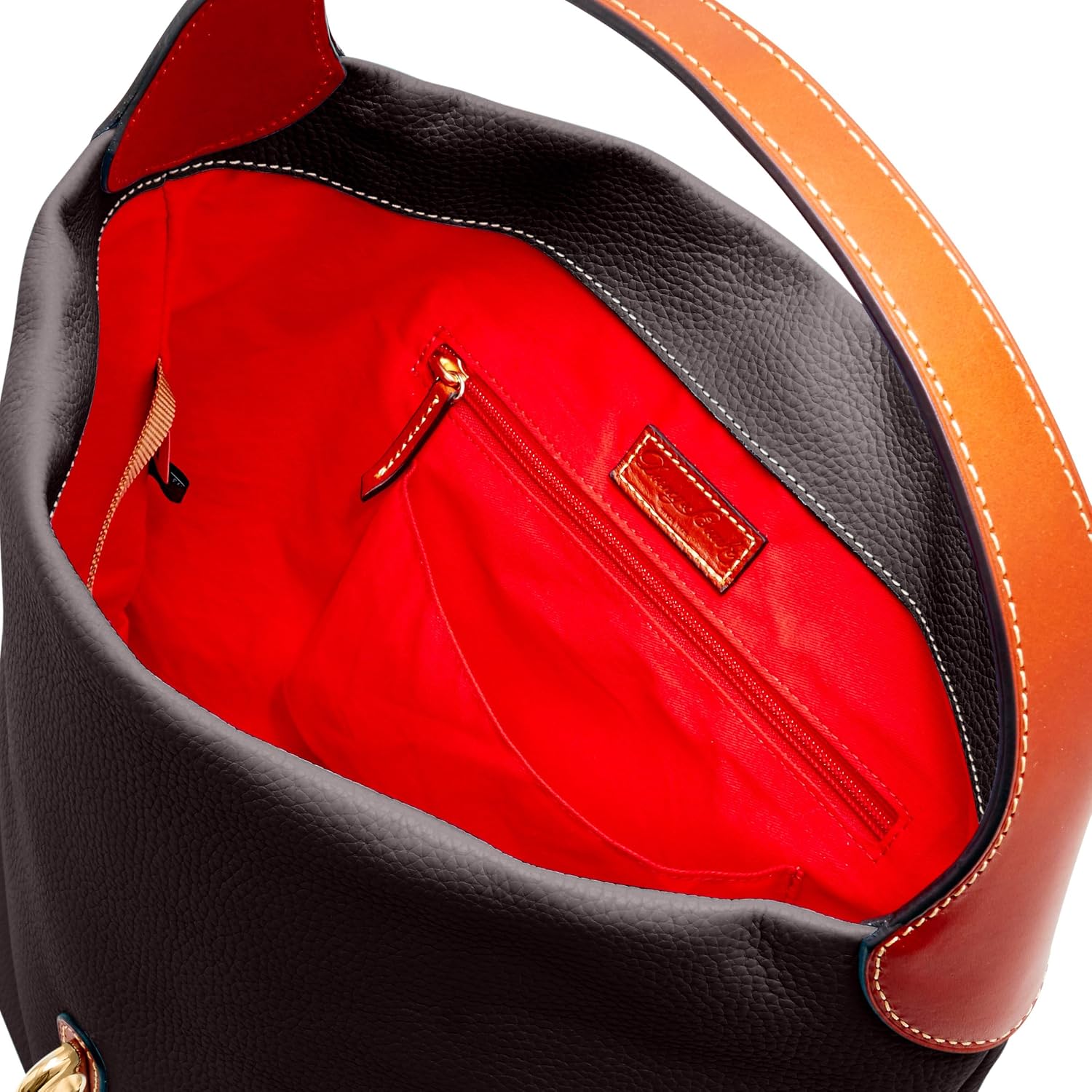 Dooney & Bourke pebble grain leather shoulder bag with logo lock in neutral color, shown with matching coin purse — side