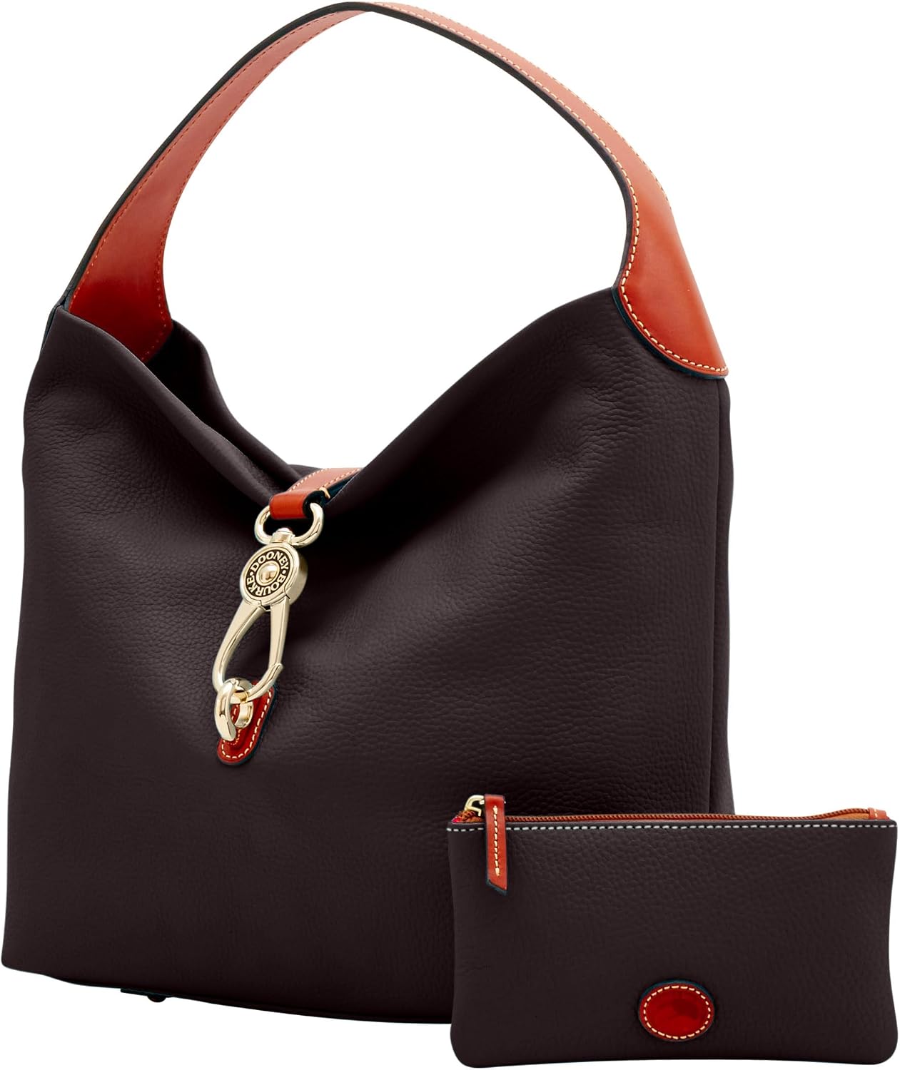 Dooney & Bourke pebble grain leather shoulder bag with logo lock in neutral color, shown with matching coin purse — back