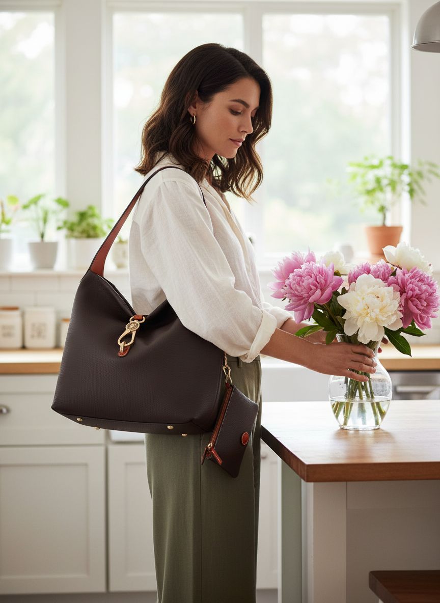 Dooney & Bourke pebble grain leather shoulder bag with logo lock in neutral color, shown with matching coin purse — view 4