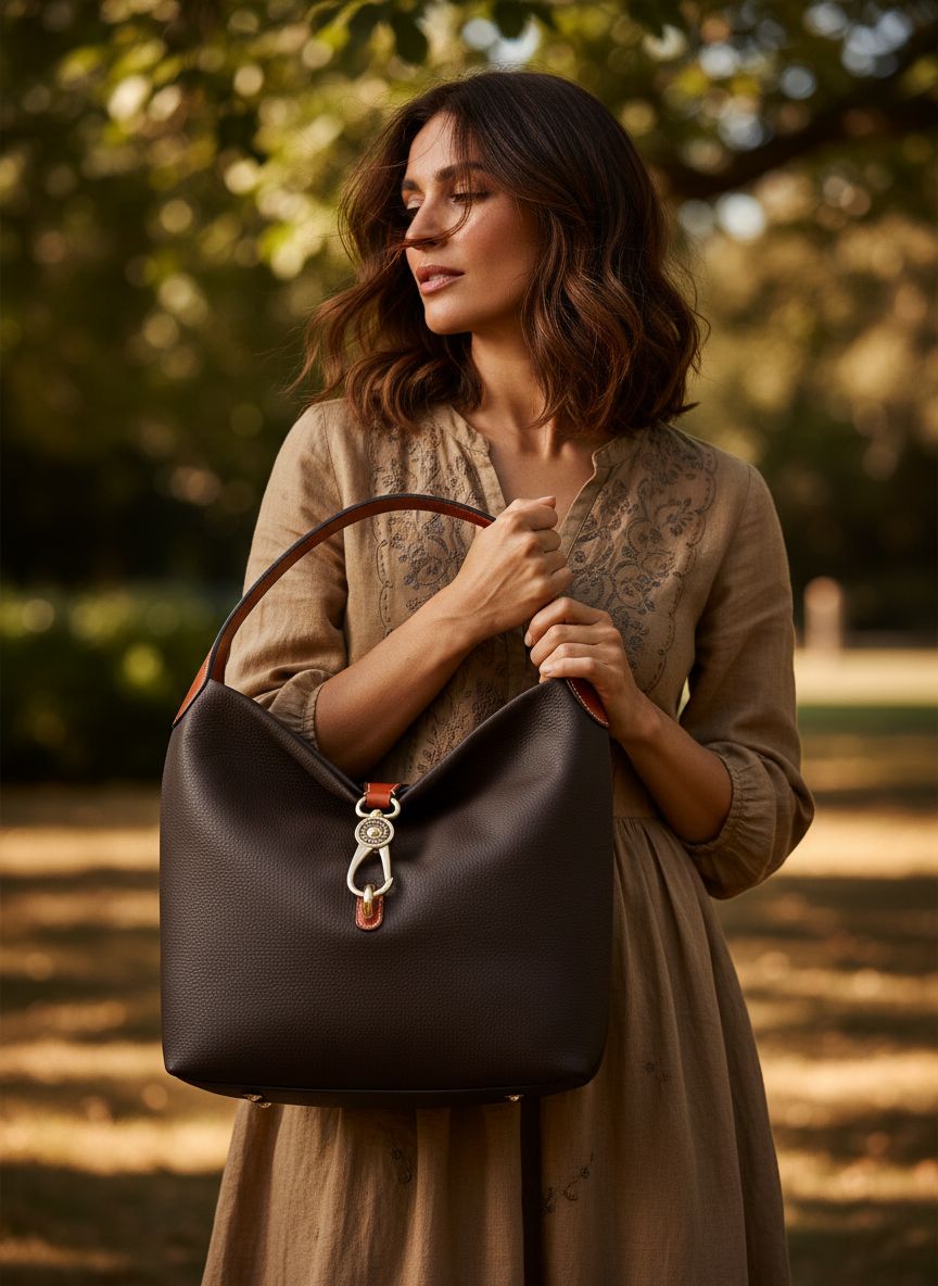 Dooney & Bourke pebble grain leather shoulder bag with logo lock in neutral color, shown with matching coin purse — view 7a