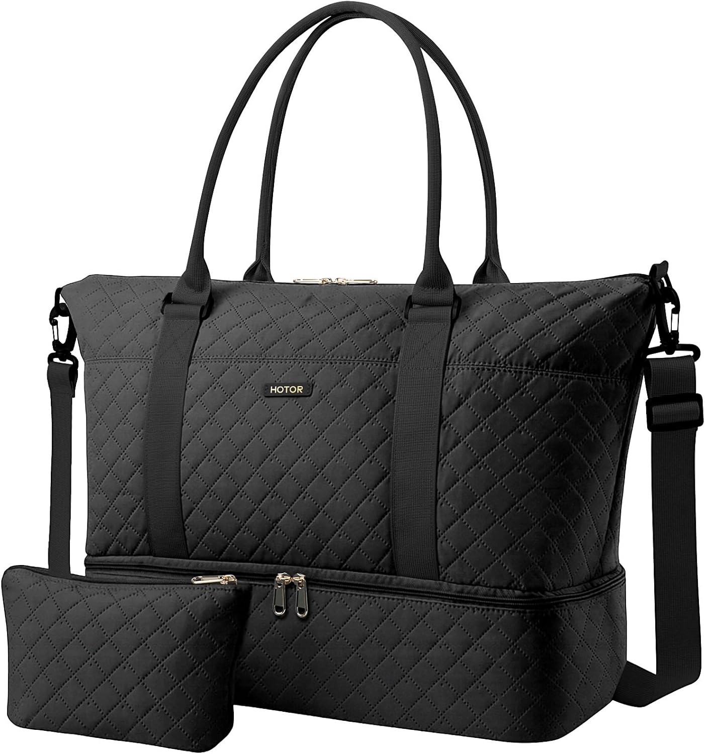 Black nylon weekender duffel bag with shoe compartment and detachable toiletry pouch — front