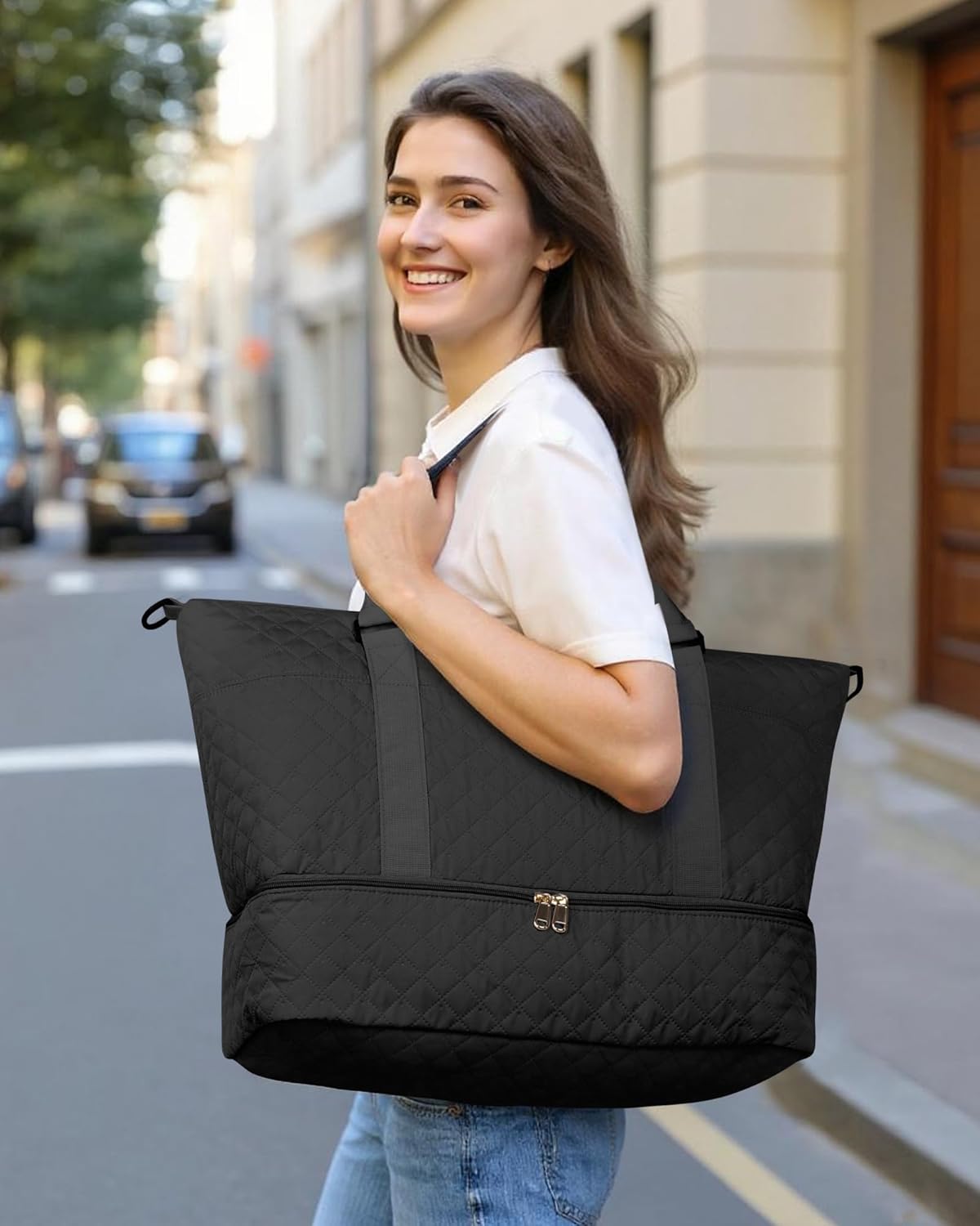 Black nylon weekender duffel bag with shoe compartment and detachable toiletry pouch — view 2