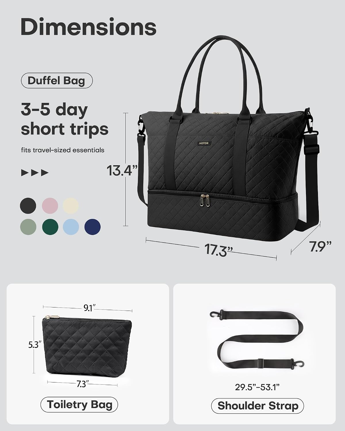 Black nylon weekender duffel bag with shoe compartment and detachable toiletry pouch — back