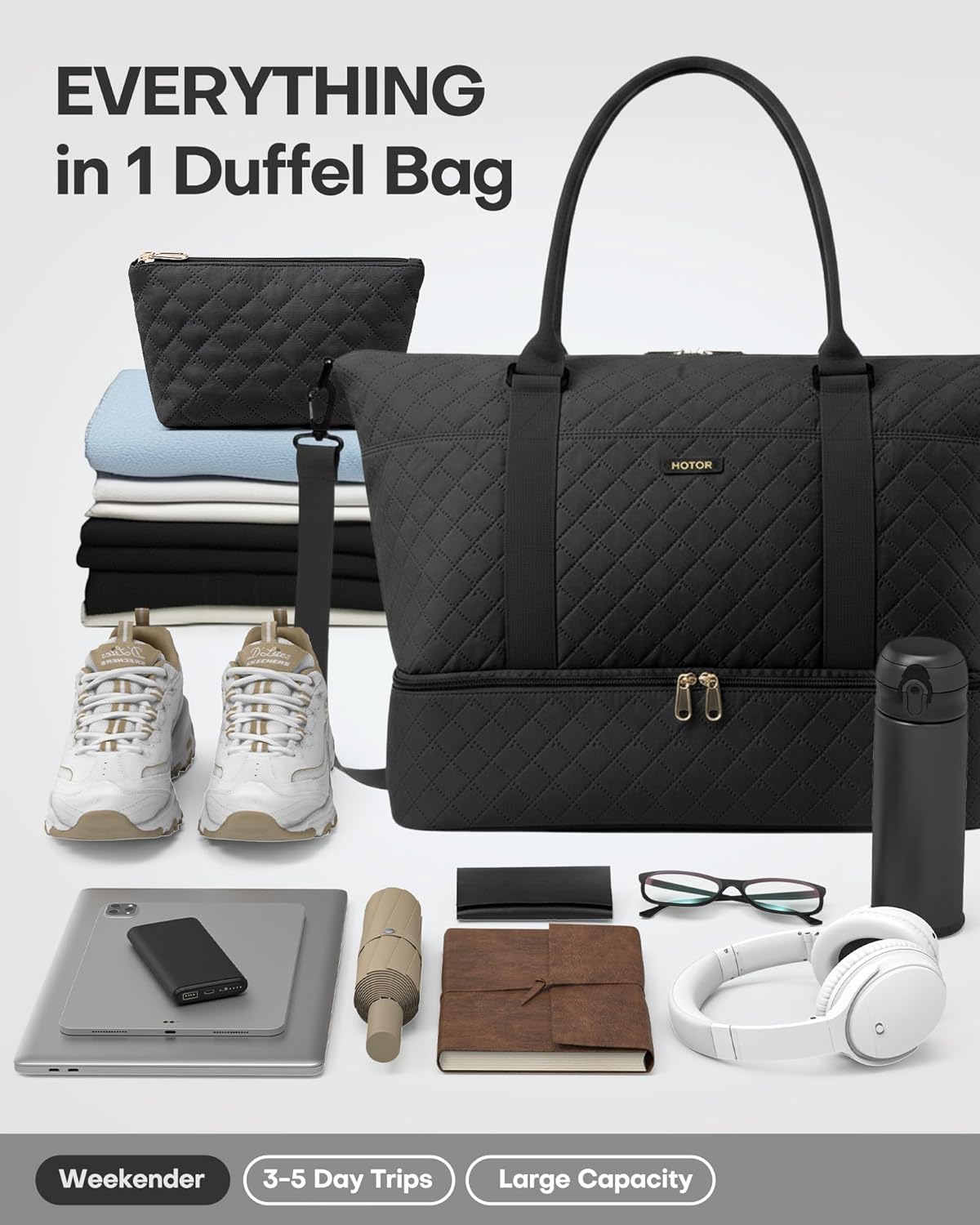 Black nylon weekender duffel bag with shoe compartment and detachable toiletry pouch — detail