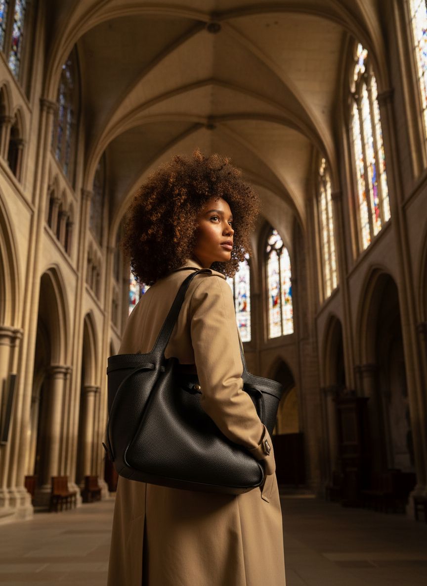 Pebbled leather tote bag in neutral color, front view — view 2