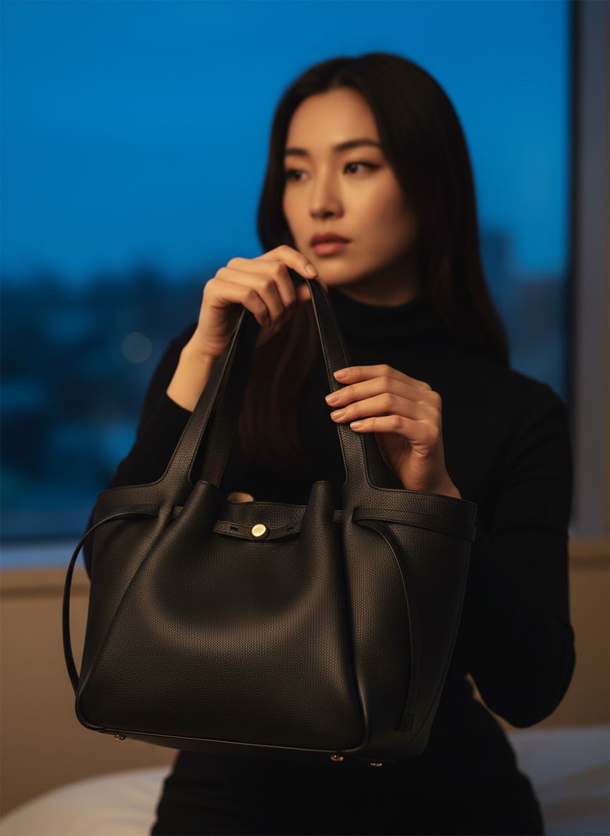 Pebbled leather tote bag in neutral color, front view — view 3b