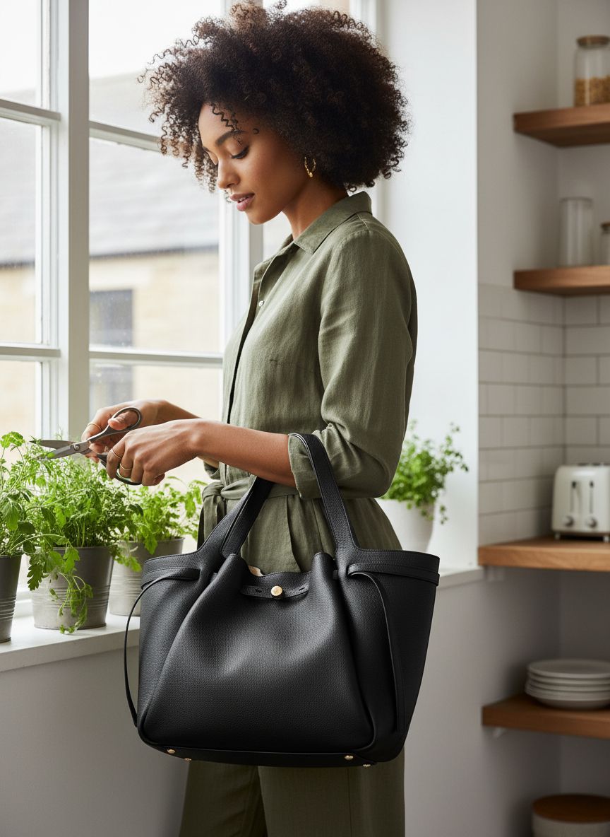 Pebbled leather tote bag in neutral color, front view — view 4