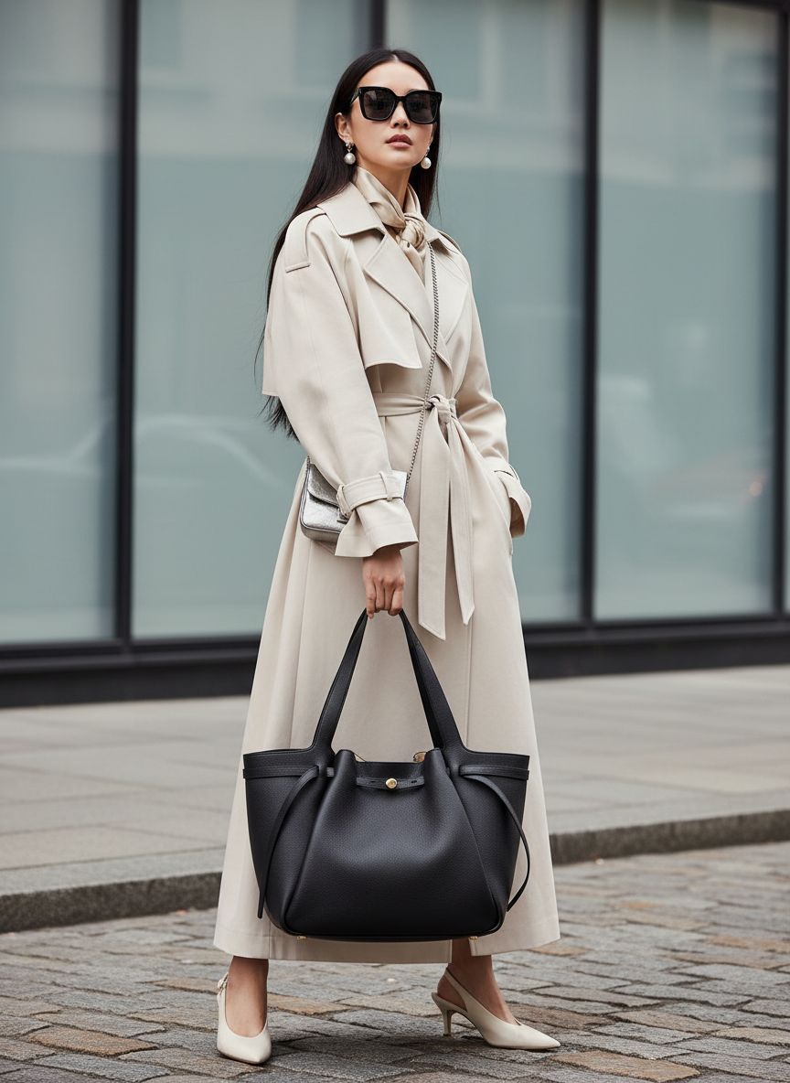 Pebbled leather tote bag in neutral color, front view — view 6