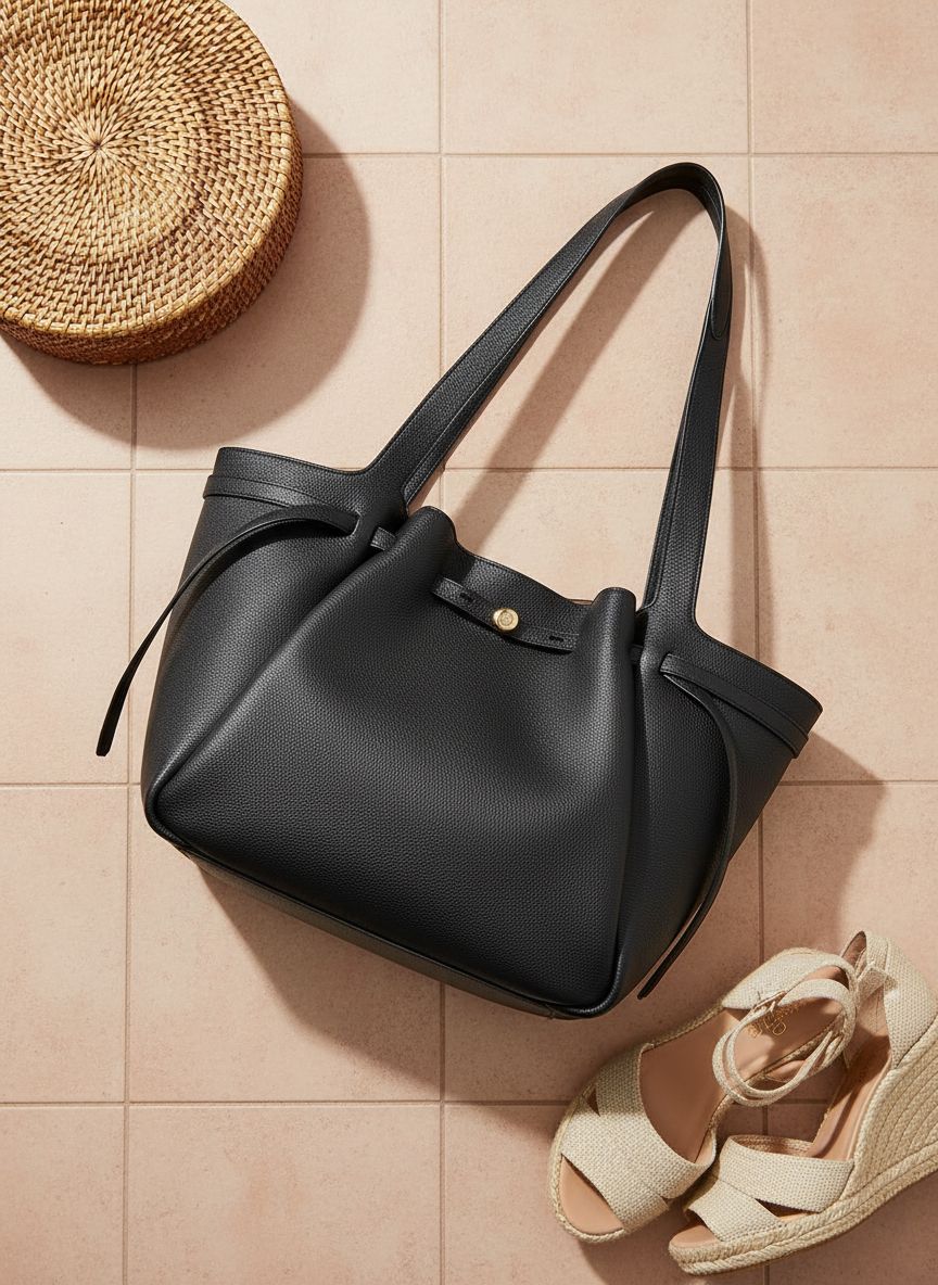 Pebbled leather tote bag in neutral color, front view — view 7b