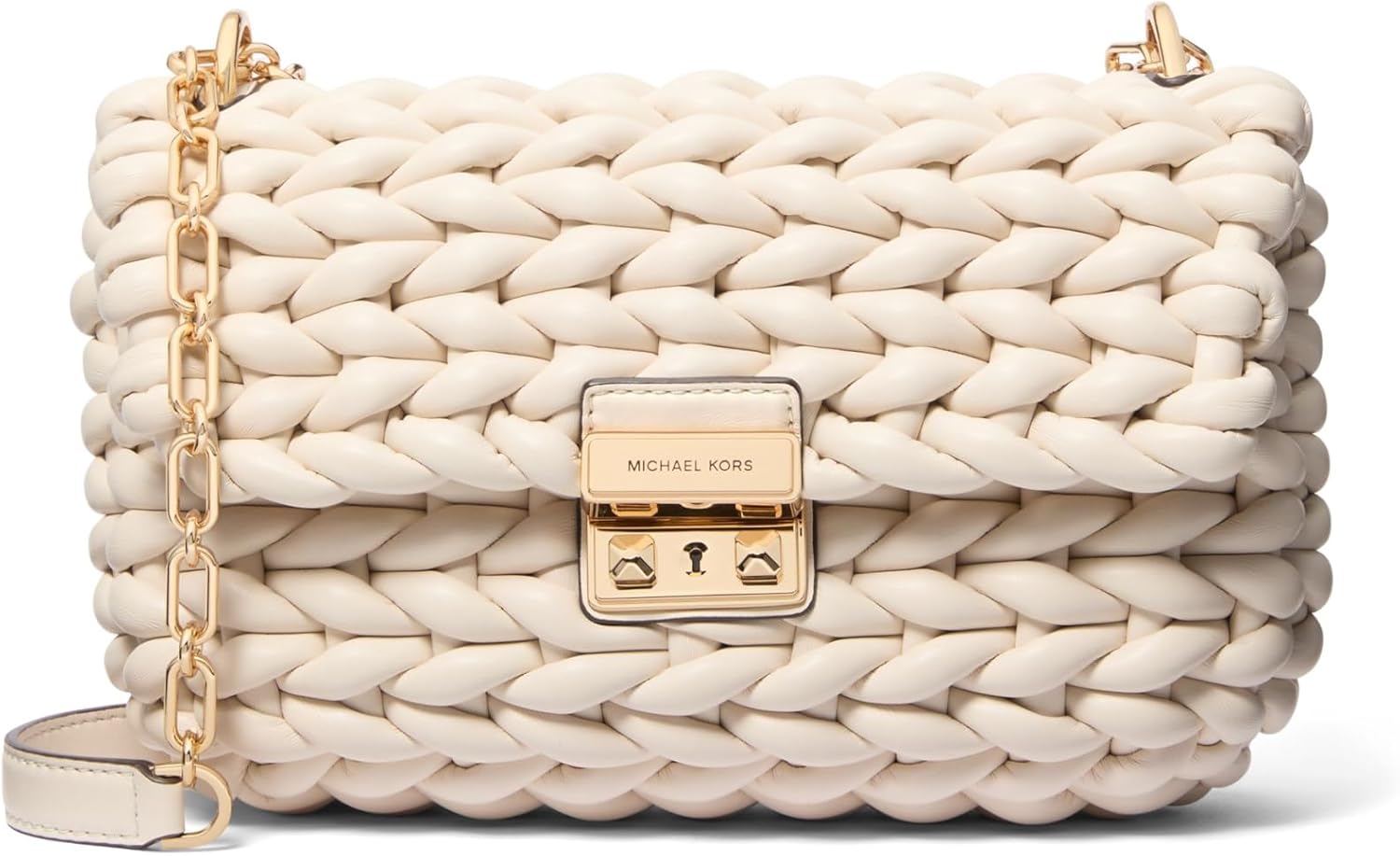 Leather convertible chain shoulder bag in neutral color — detail