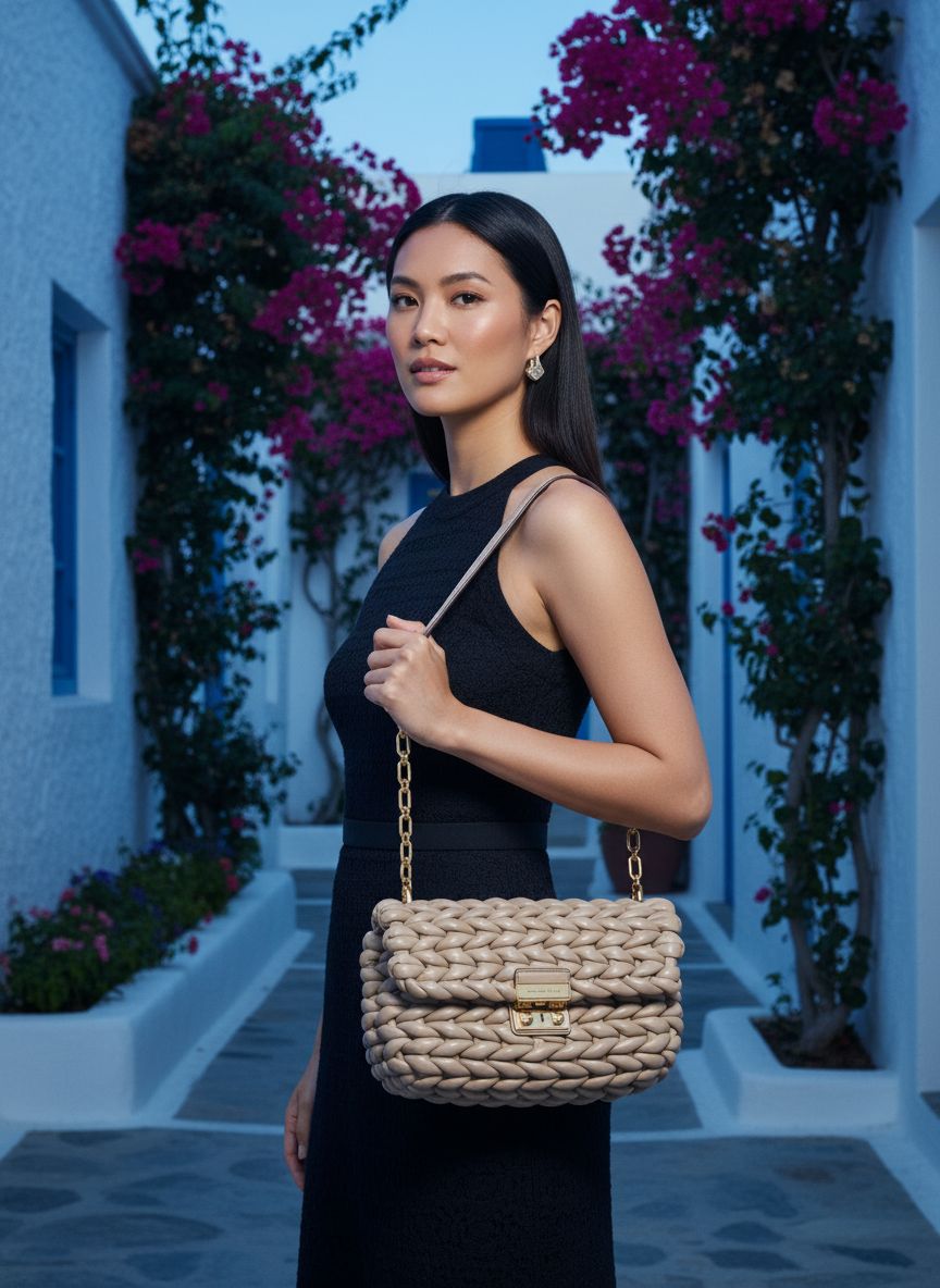 Leather convertible chain shoulder bag in neutral color — view 1
