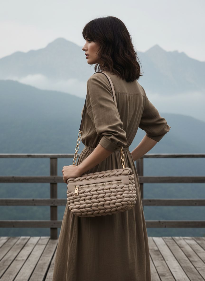 Leather convertible chain shoulder bag in neutral color — view 2