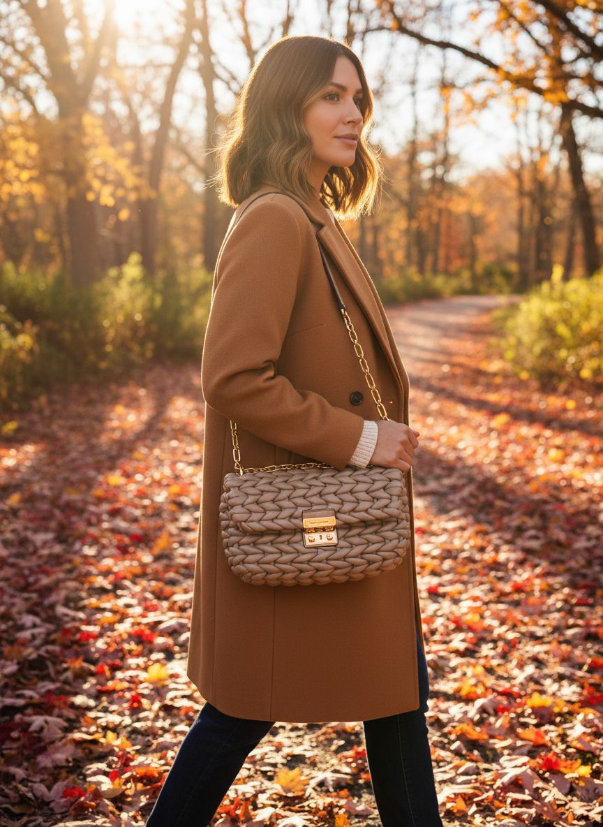 Leather convertible chain shoulder bag in neutral color — view 3a