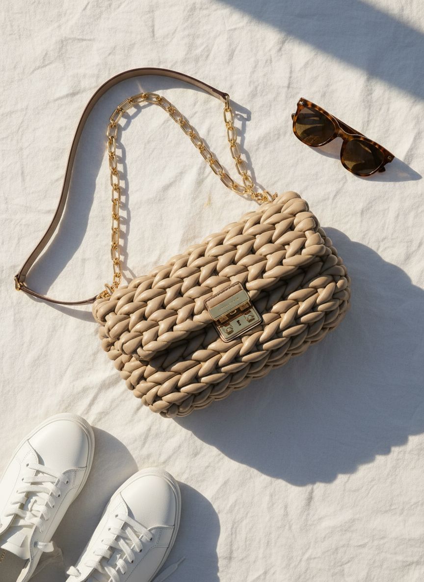 Leather convertible chain shoulder bag in neutral color — view 7b