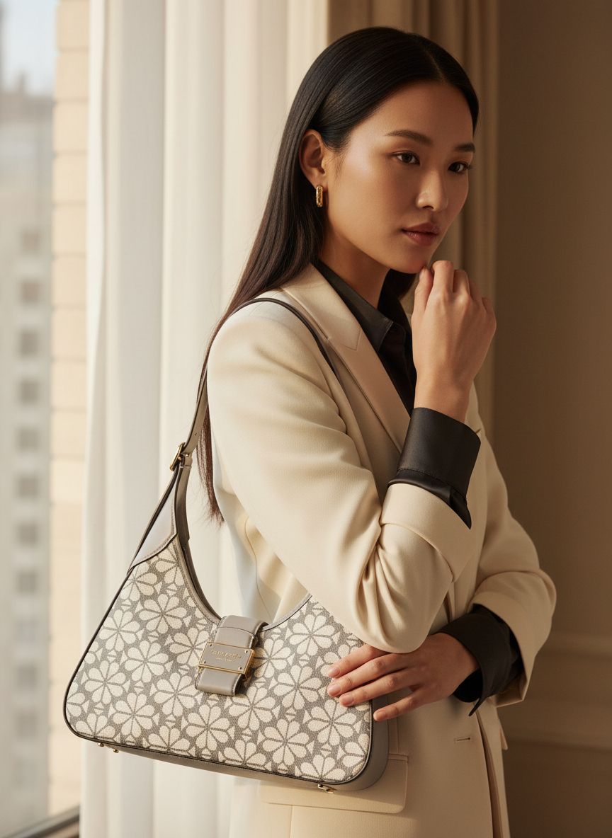 Classic leather shoulder bag in neutral tone, compact underarm style — view 7a
