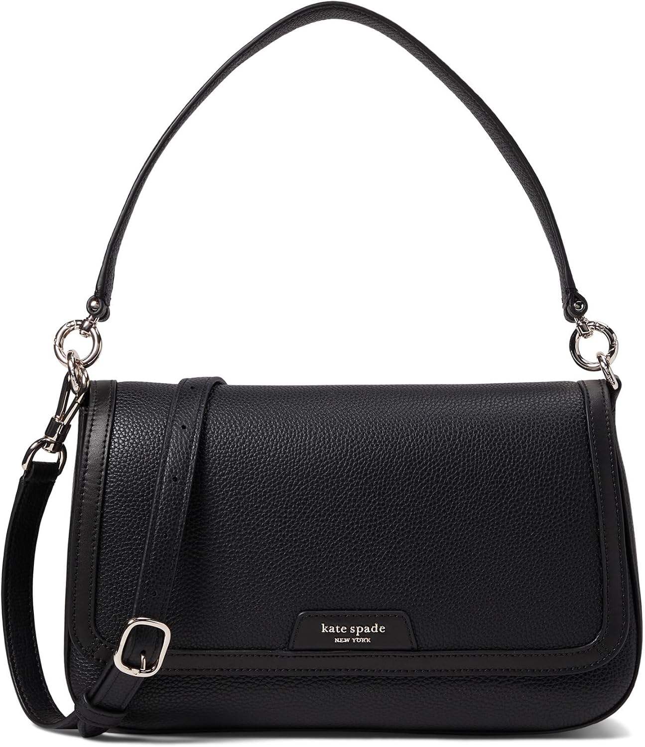 Pebbled leather flap shoulder bag in neutral tone, front view — front