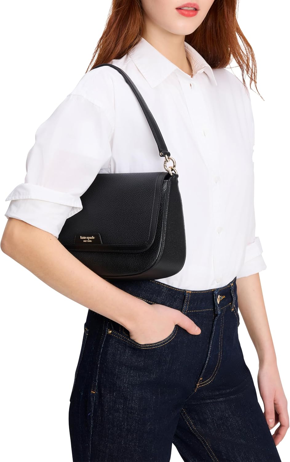 Pebbled leather flap shoulder bag in neutral tone, front view — side