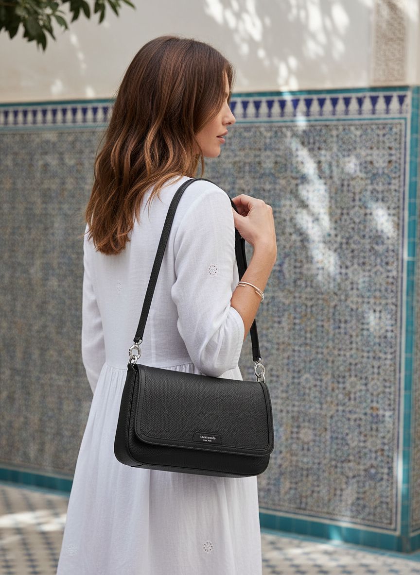 Pebbled leather flap shoulder bag in neutral tone, front view — view 2
