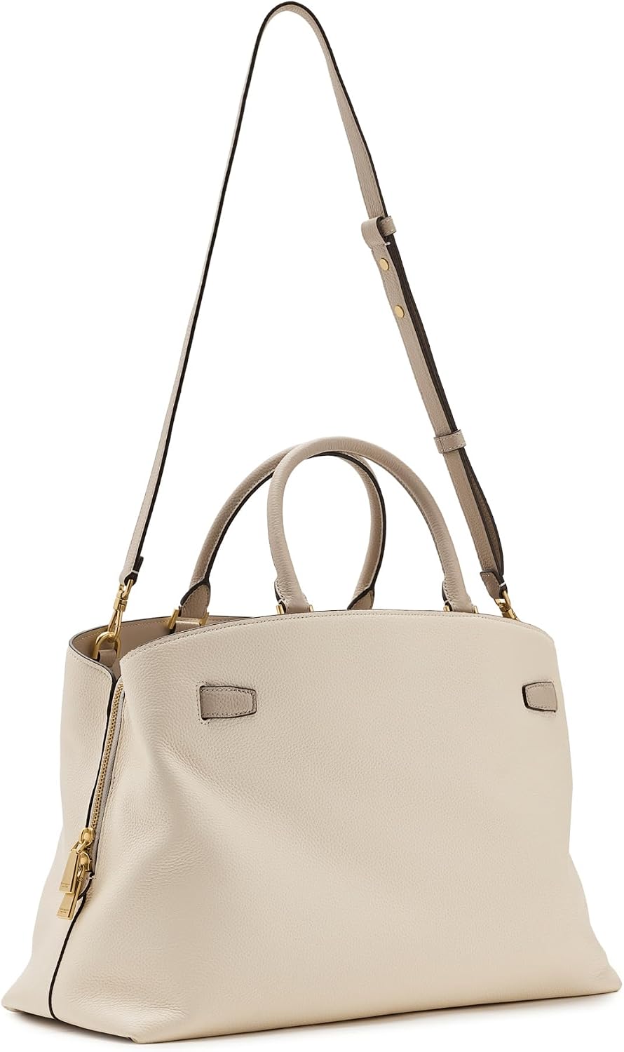 Pebbled leather satchel in neutral, structured shoulder bag for work and everyday carry — side