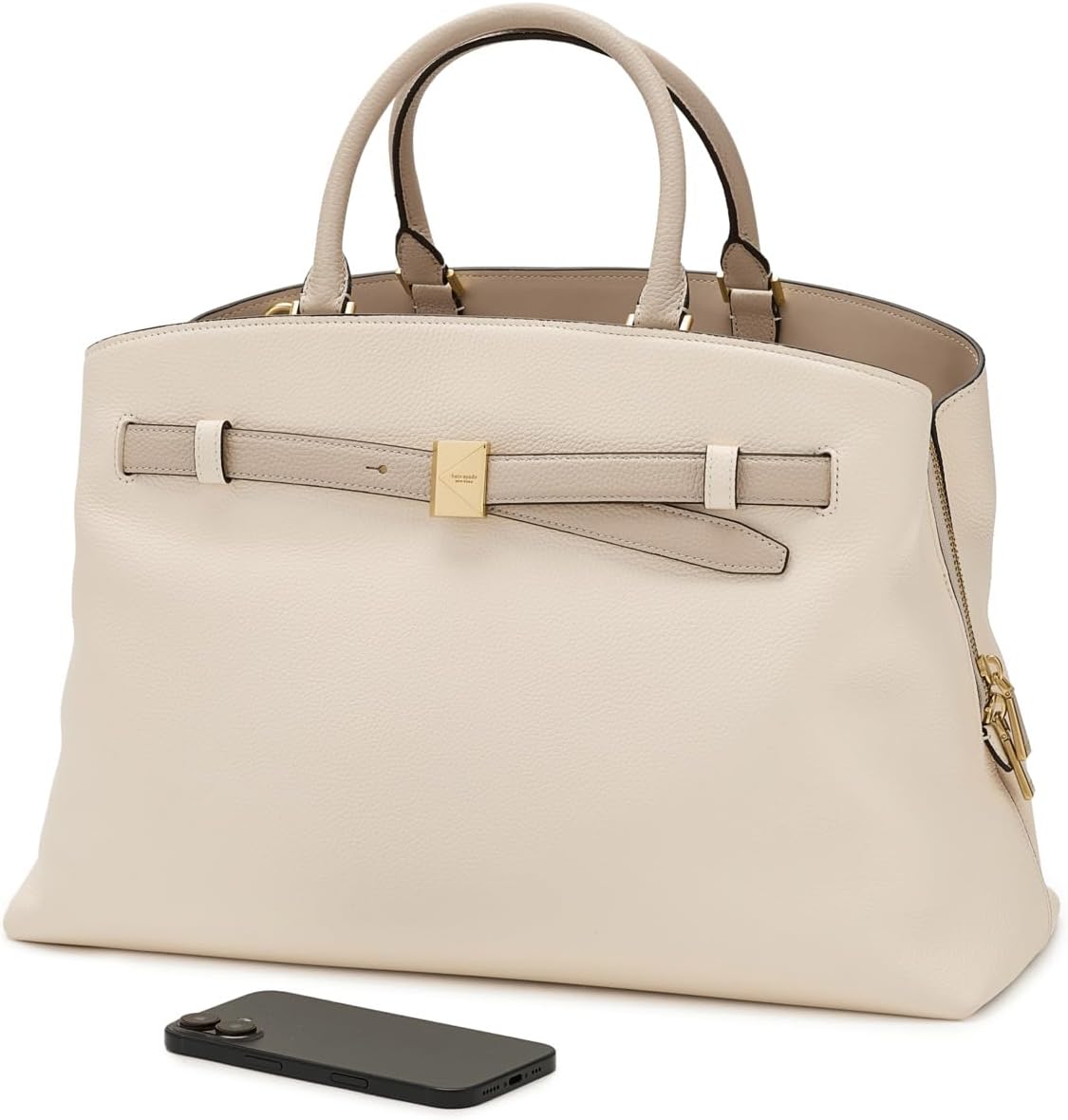 Pebbled leather satchel in neutral, structured shoulder bag for work and everyday carry — back