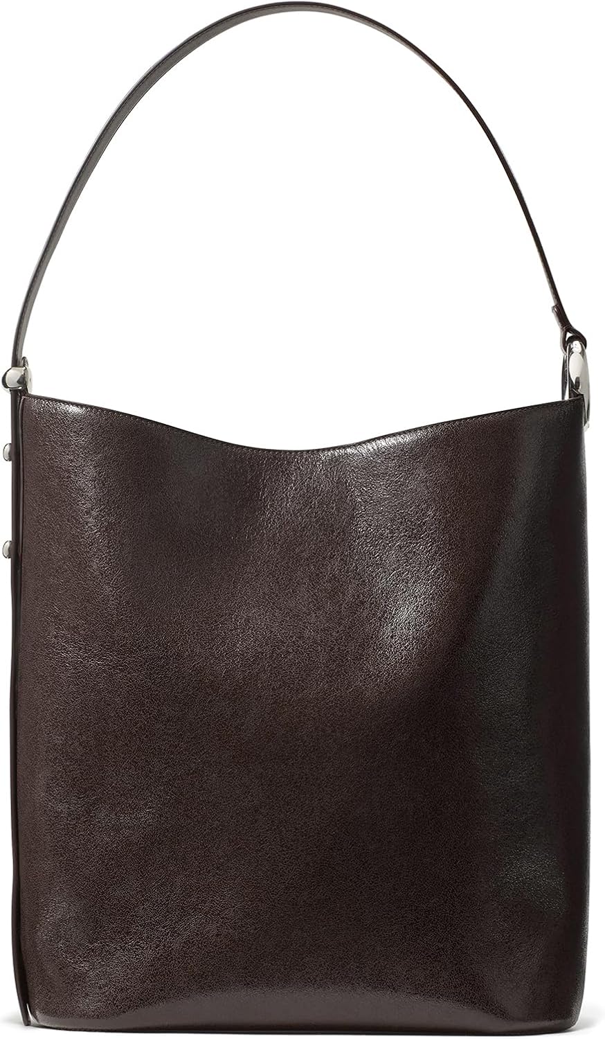 Fine grain leather bucket bag in neutral, shown from front view with handles — front