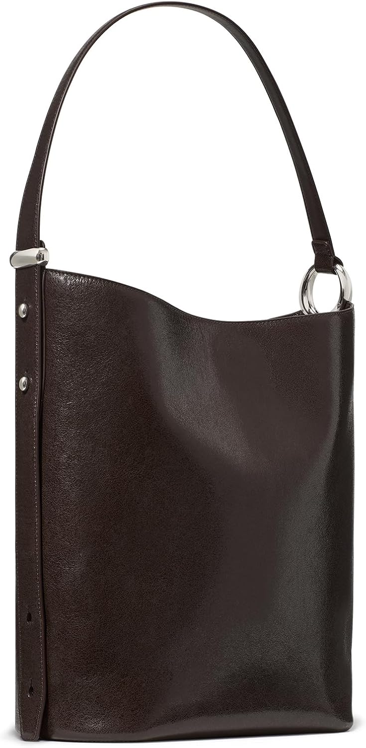 Fine grain leather bucket bag in neutral, shown from front view with handles — side