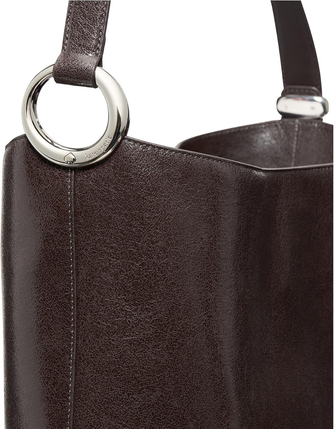 Fine grain leather bucket bag in neutral, shown from front view with handles — detail
