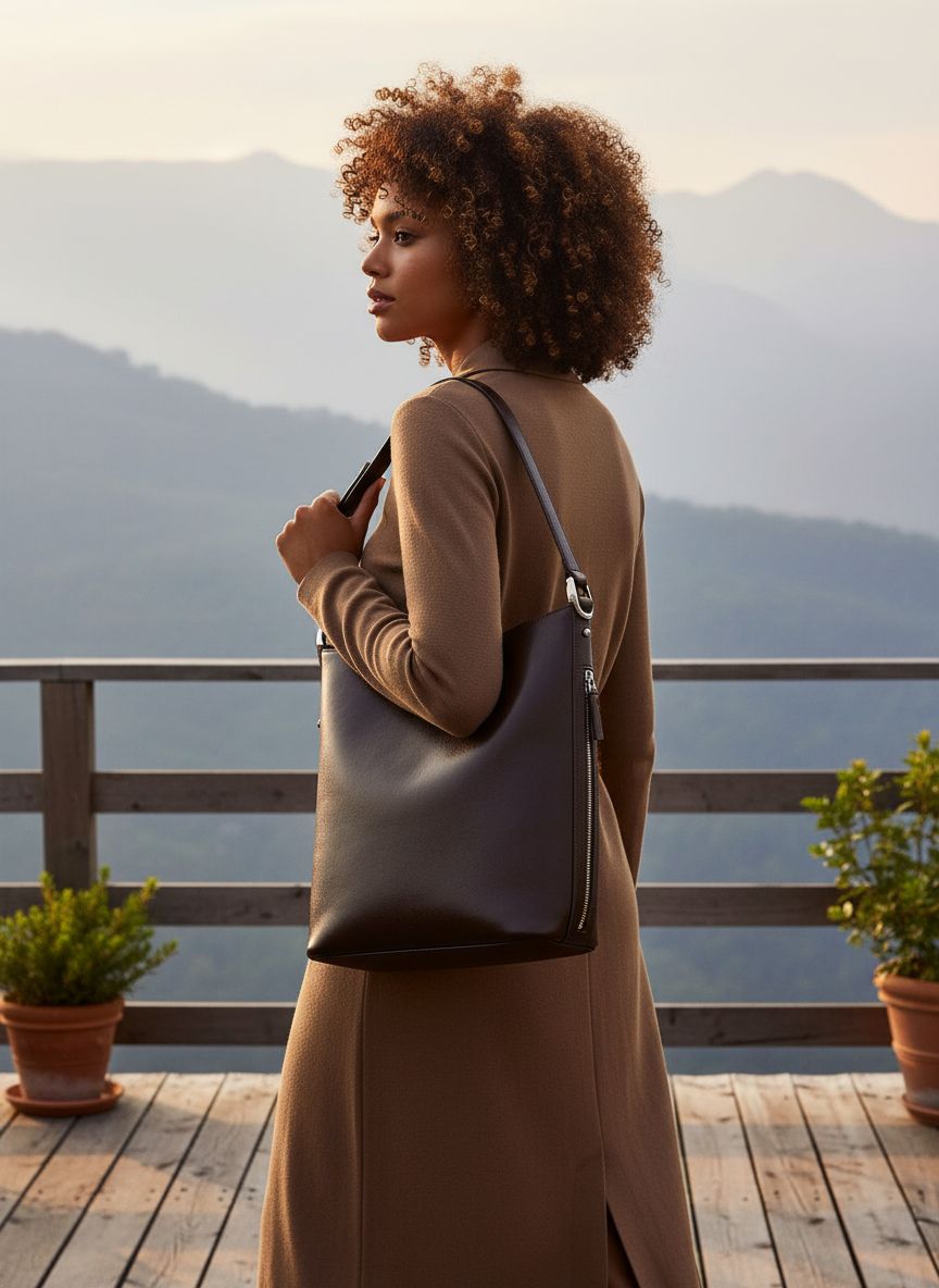 Fine grain leather bucket bag in neutral, shown from front view with handles — view 2