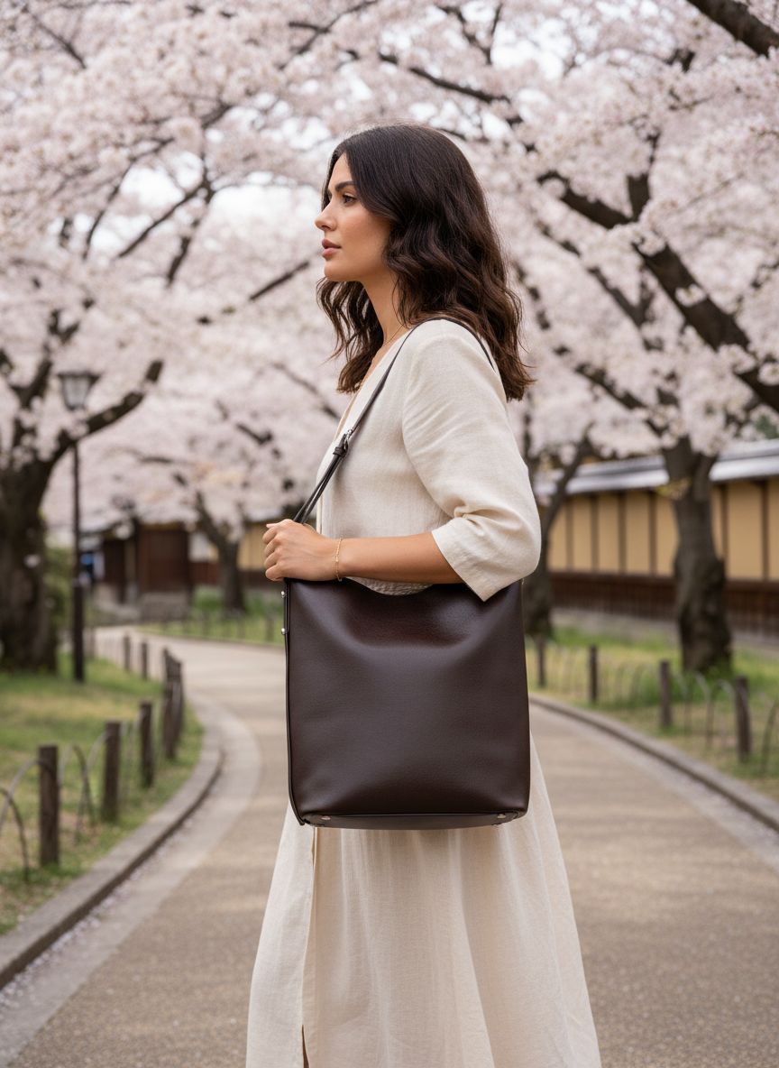 Fine grain leather bucket bag in neutral, shown from front view with handles — view 3a