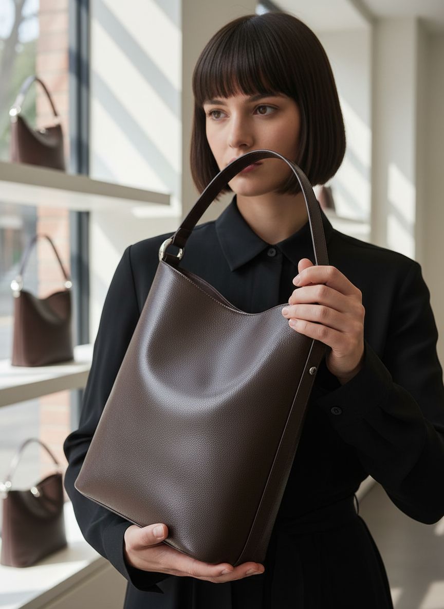 Fine grain leather bucket bag in neutral, shown from front view with handles — view 3b