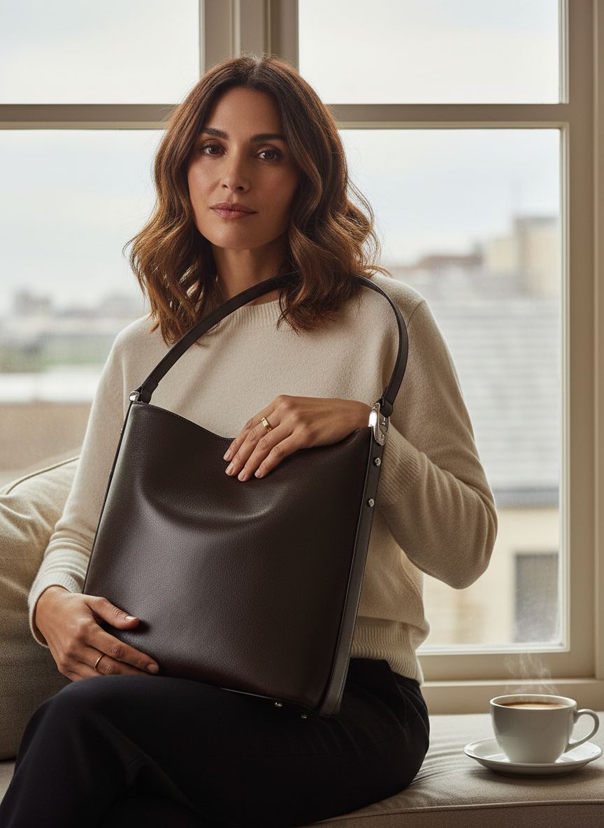 Fine grain leather bucket bag in neutral, shown from front view with handles — view 5b