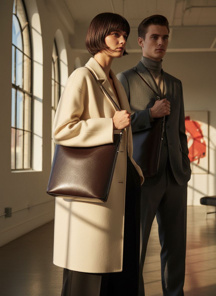 Fine grain leather bucket bag in neutral, shown from front view with handles — view 7a