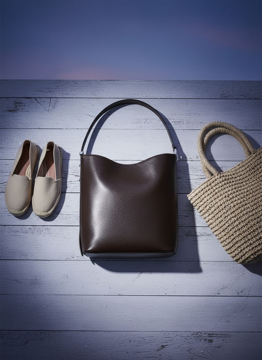 Fine grain leather bucket bag in neutral, shown from front view with handles — view 7b