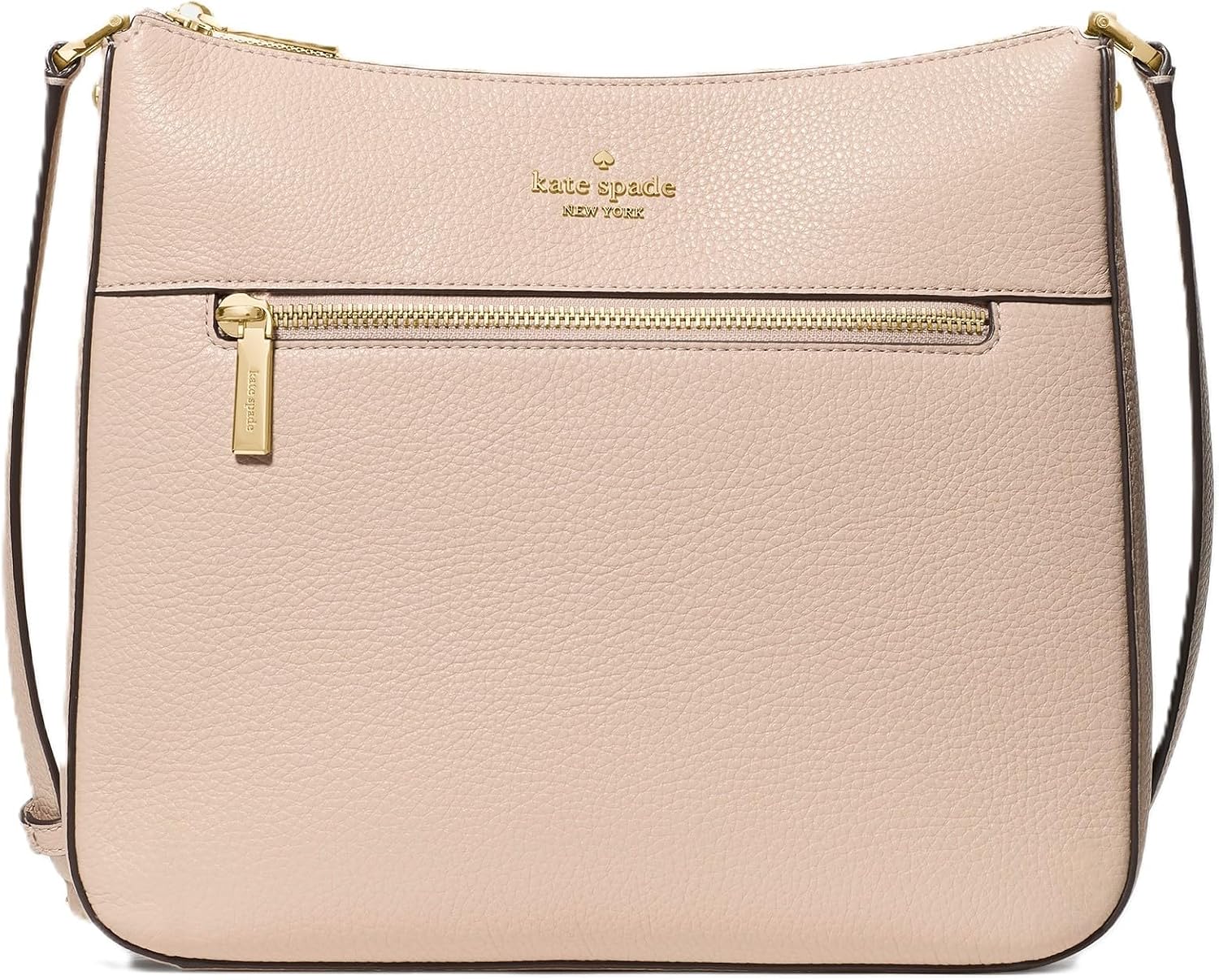 Pebbled leather saddle crossbody bag in neutral tone, front view — front