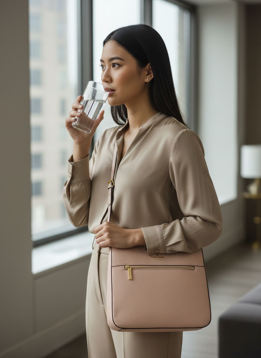 Pebbled leather saddle crossbody bag in neutral tone, front view — view 7a