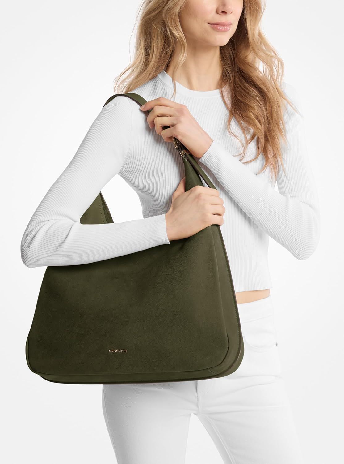 Neutral leather hobo shoulder bag with structured silhouette — detail