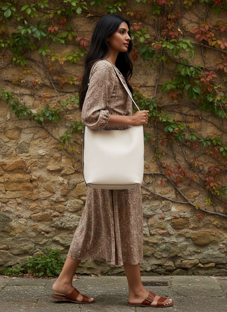 Woven leather bucket bag in neutral tone, front view — view 3a