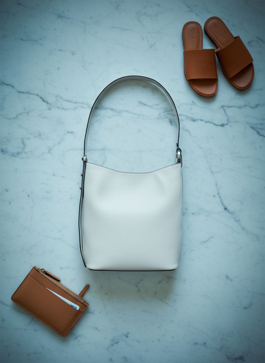Woven leather bucket bag in neutral tone, front view — view 7b